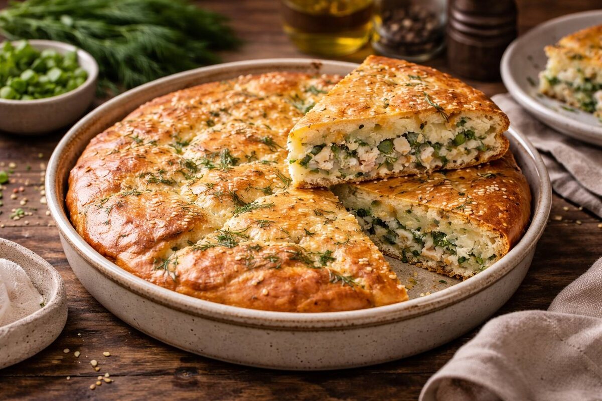 Заливной пирог с рыбой и зеленью — идеальный вариант для ленивых вечеров